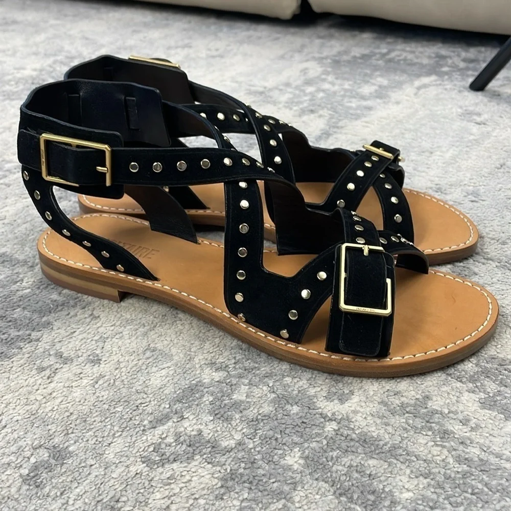 NIB Zadig & Voltaire Cecilia Studs Caprese Sandals Black Suede Strappy Sz 41